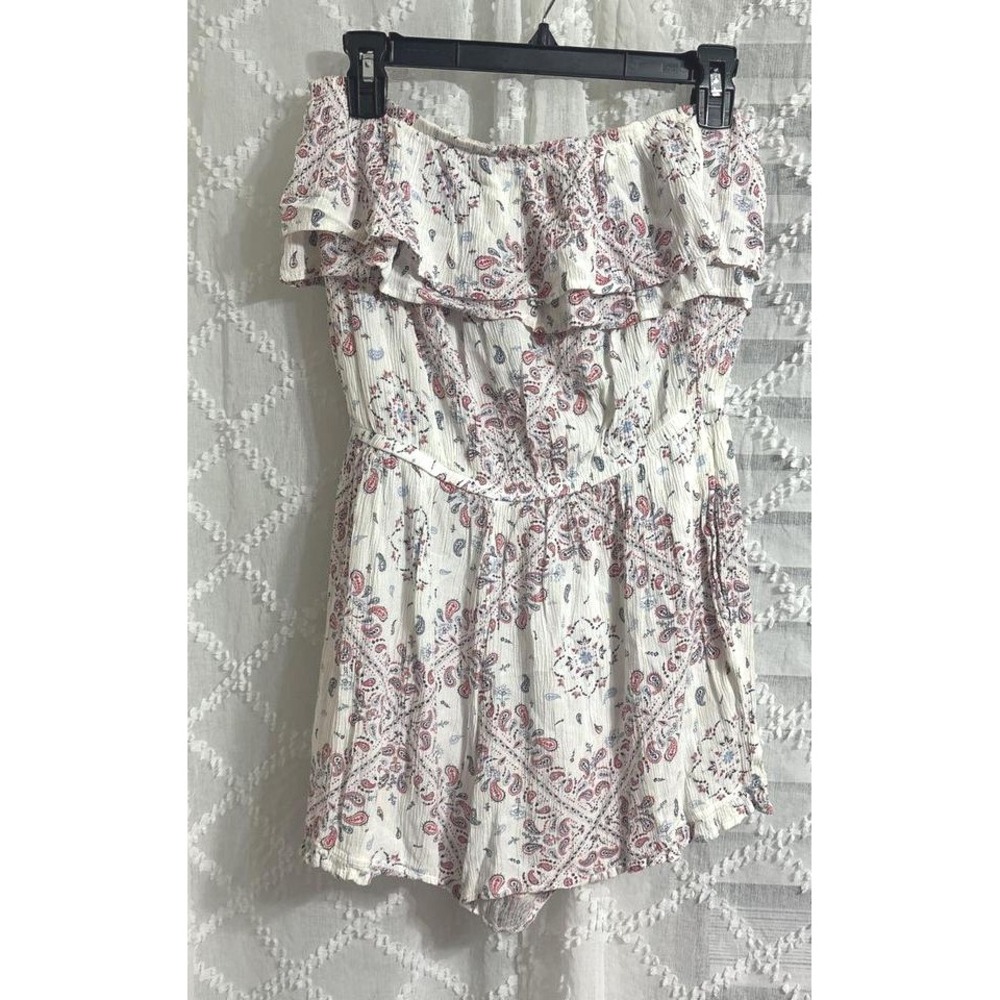 Strapless Paisley Ruffle Romper White Red Blue Boho Festival Summer Jumpsuit
